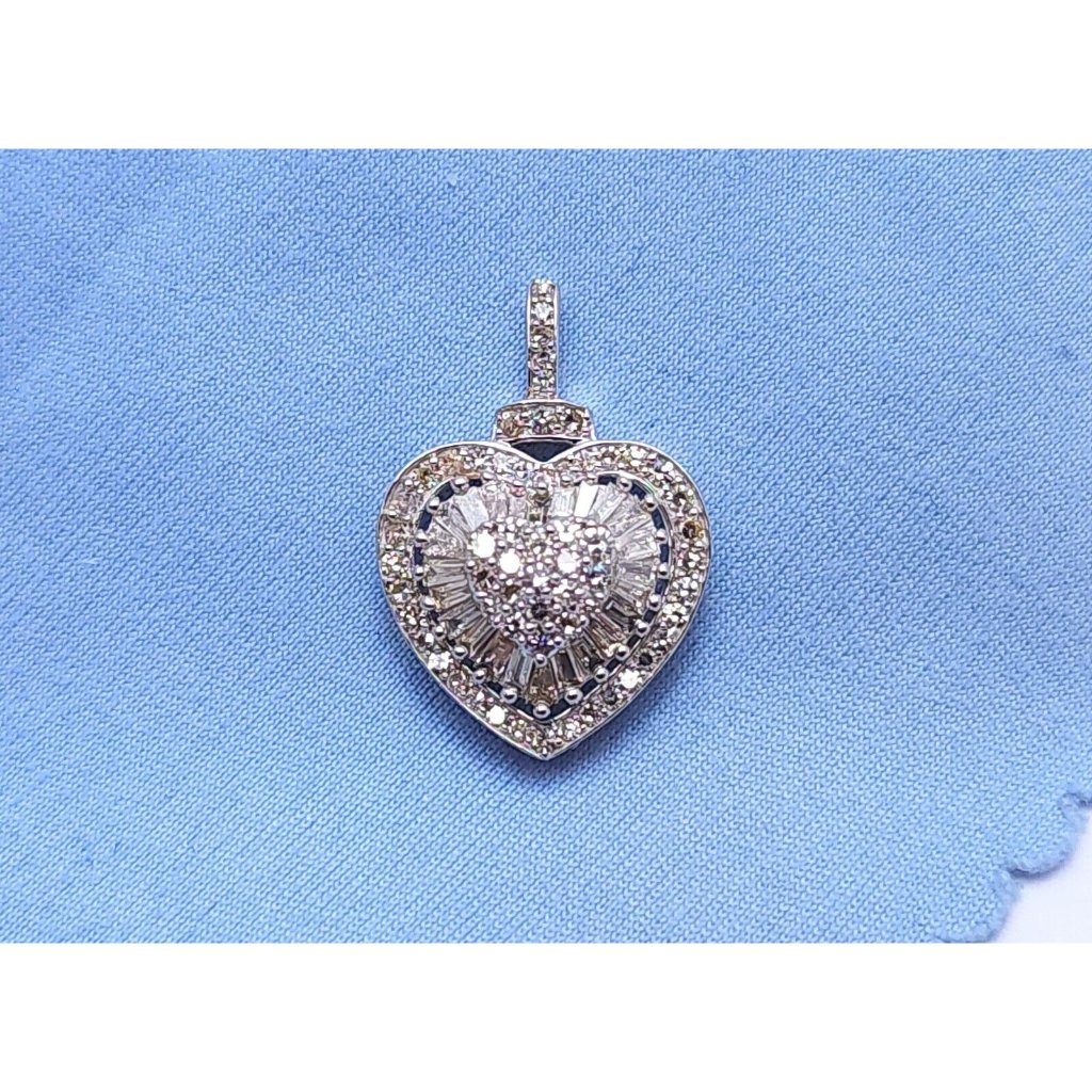Unique 14k Karat Solid White Gold Round  Baguette Diamond Heart Charm Pendant